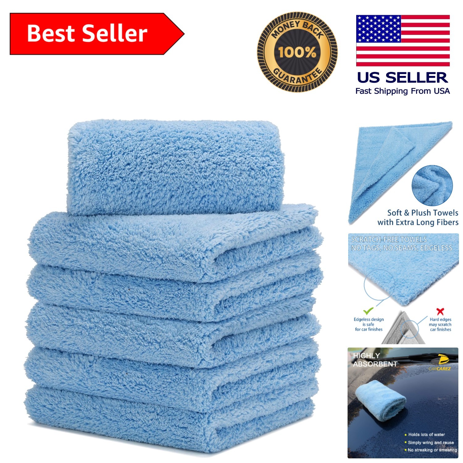 6 Soft Blue Microfiber Towels for Optimal Car Care – Edgeless & Highly Absorbent