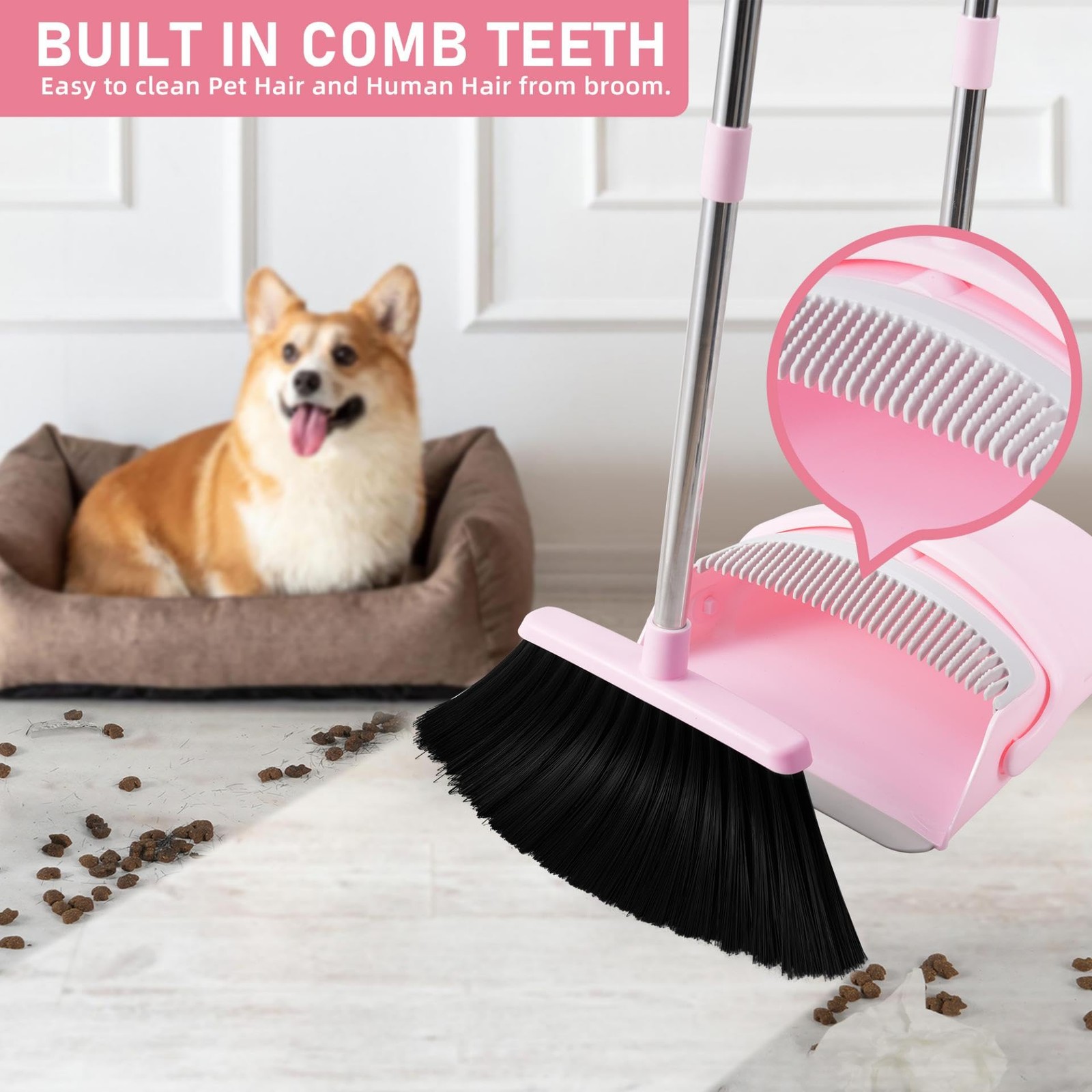 Pink Broom Dustpan Set 52 Inch Handle Combo Household Hand Sweeping Kitchen
