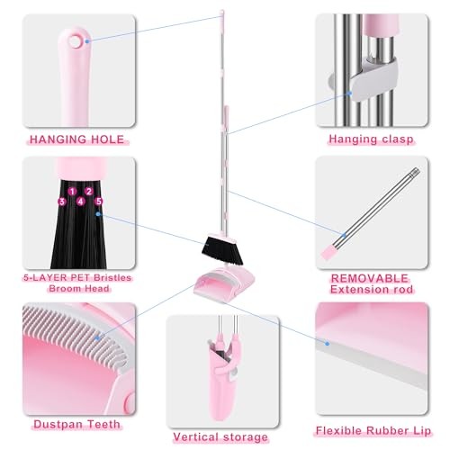 Pink Broom and Dustpan Set, 52-in Handle Broom Dustpan Combo Set Pink&grey