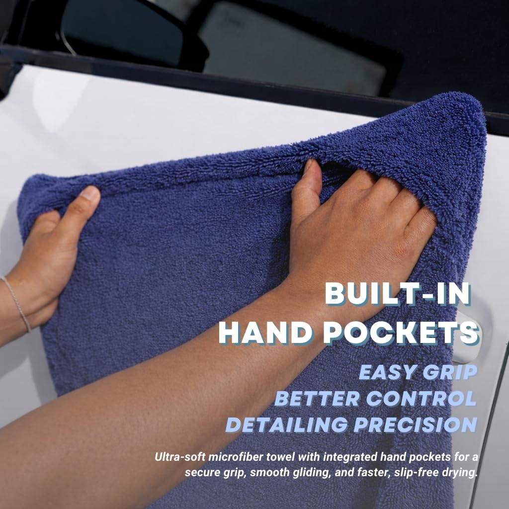 Premium Car Drying Microfiber Towel, Double Sided, Hand Pockets, Easy Grip, 1…