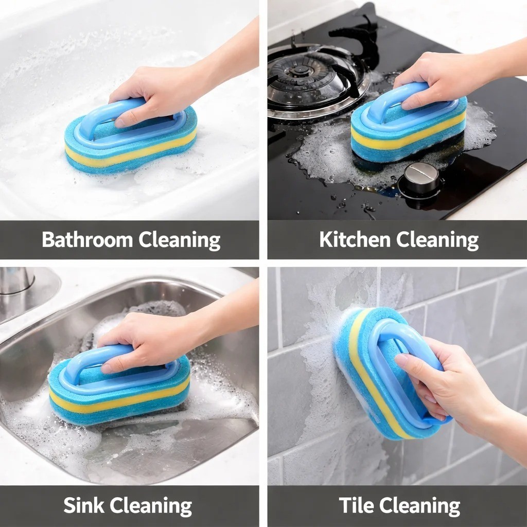 Household Cleaning Brush with Handle Dish Scrubber Kitchen Bathroom Sponge Brush