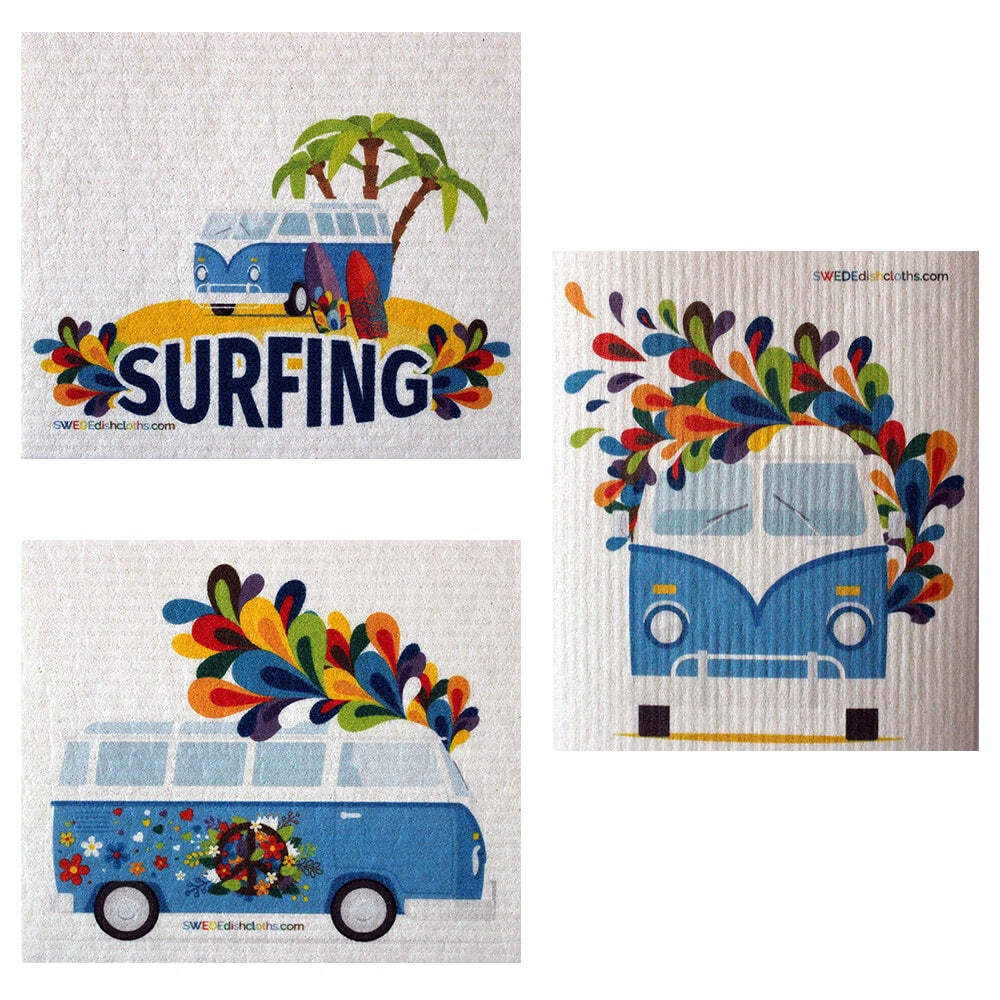 Mixed Hippie Bus Set of 3 each Swedish Dishcloths | ECO Friendly Absorbent Clean