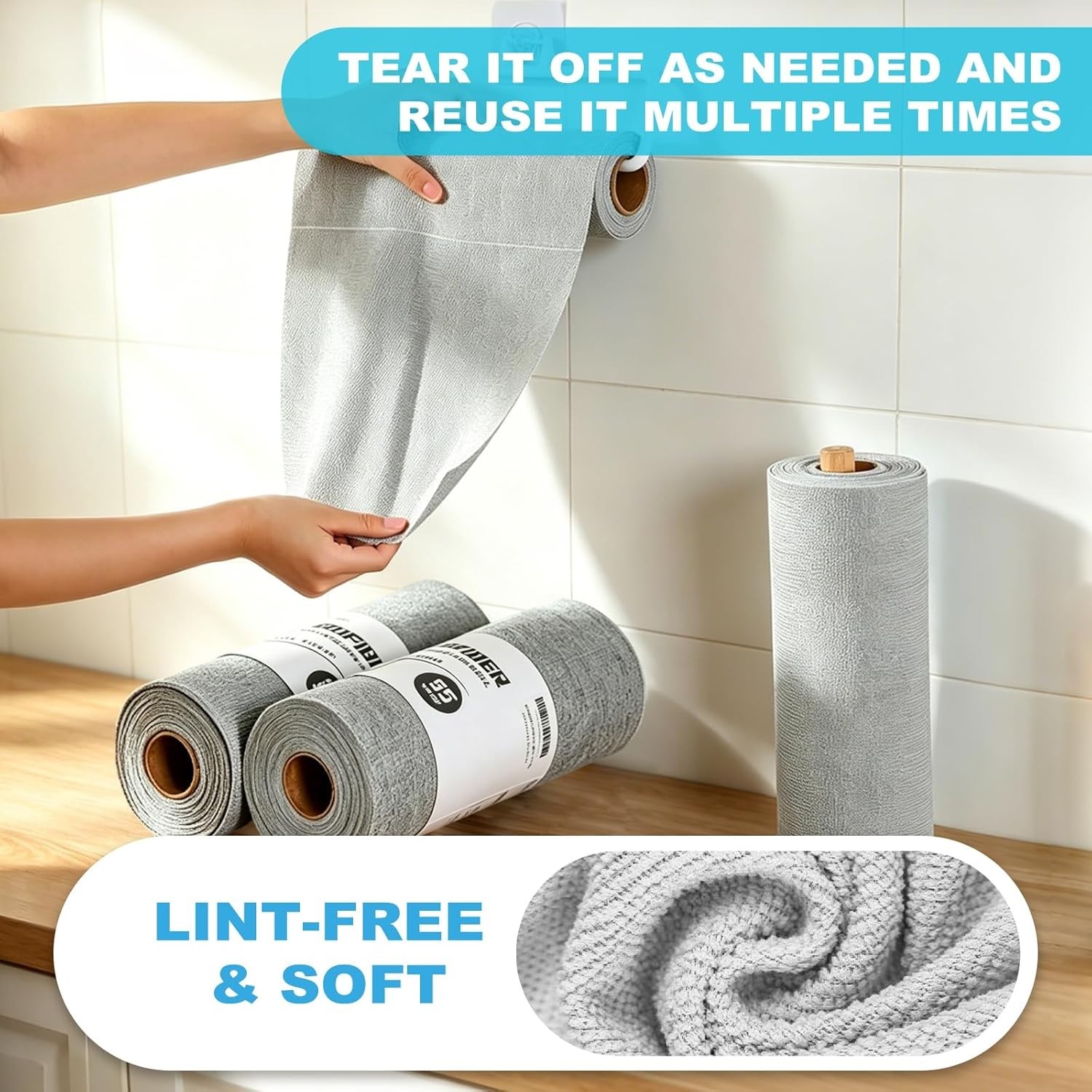 55 Pack Microfiber Cleaning Cloth Roll, Tear Away Reusable Paper Towels, 11″X9″