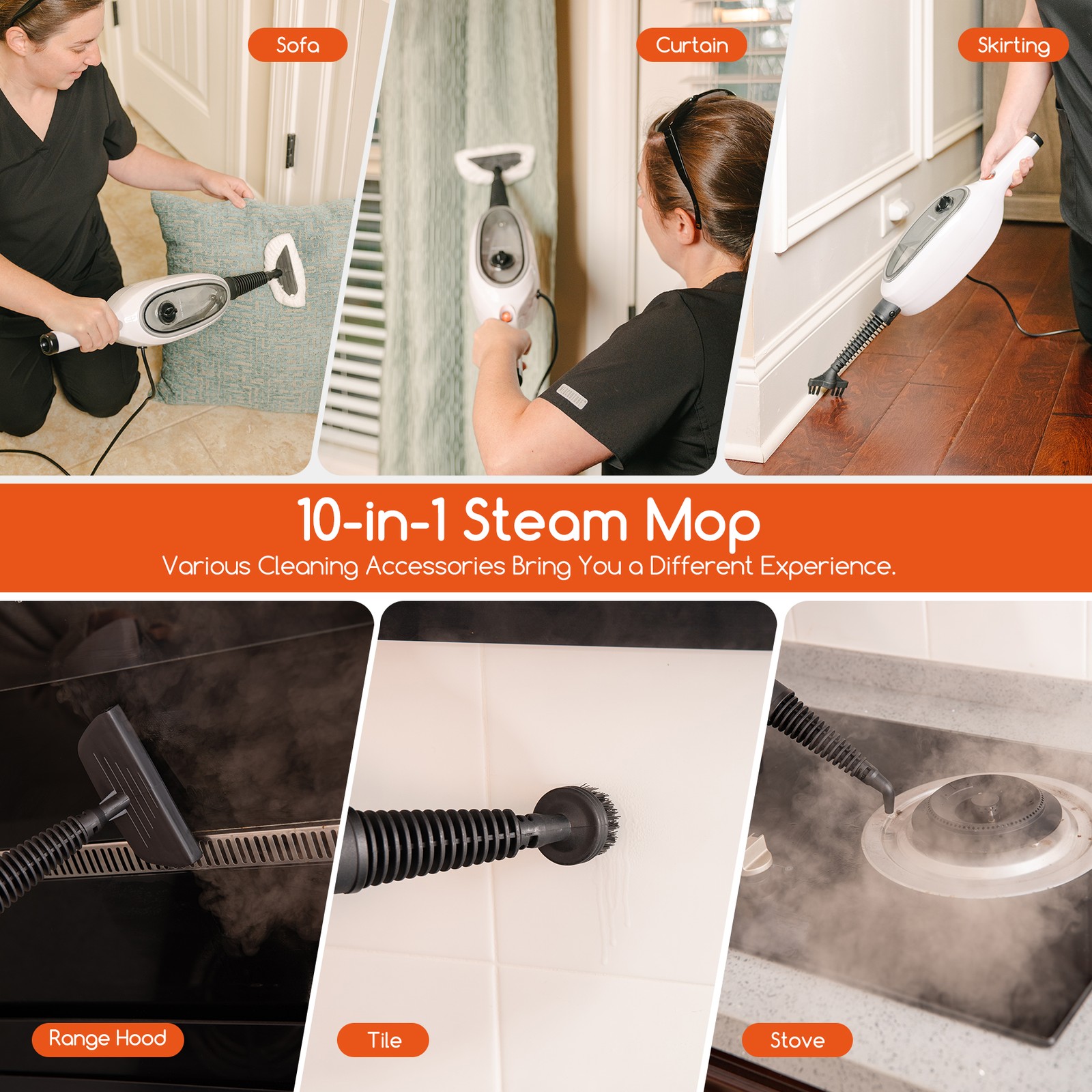 10-in-1 Steam Mop 15s Fast Heat & 270° Flip Head for Hardwood Tile & Sofa