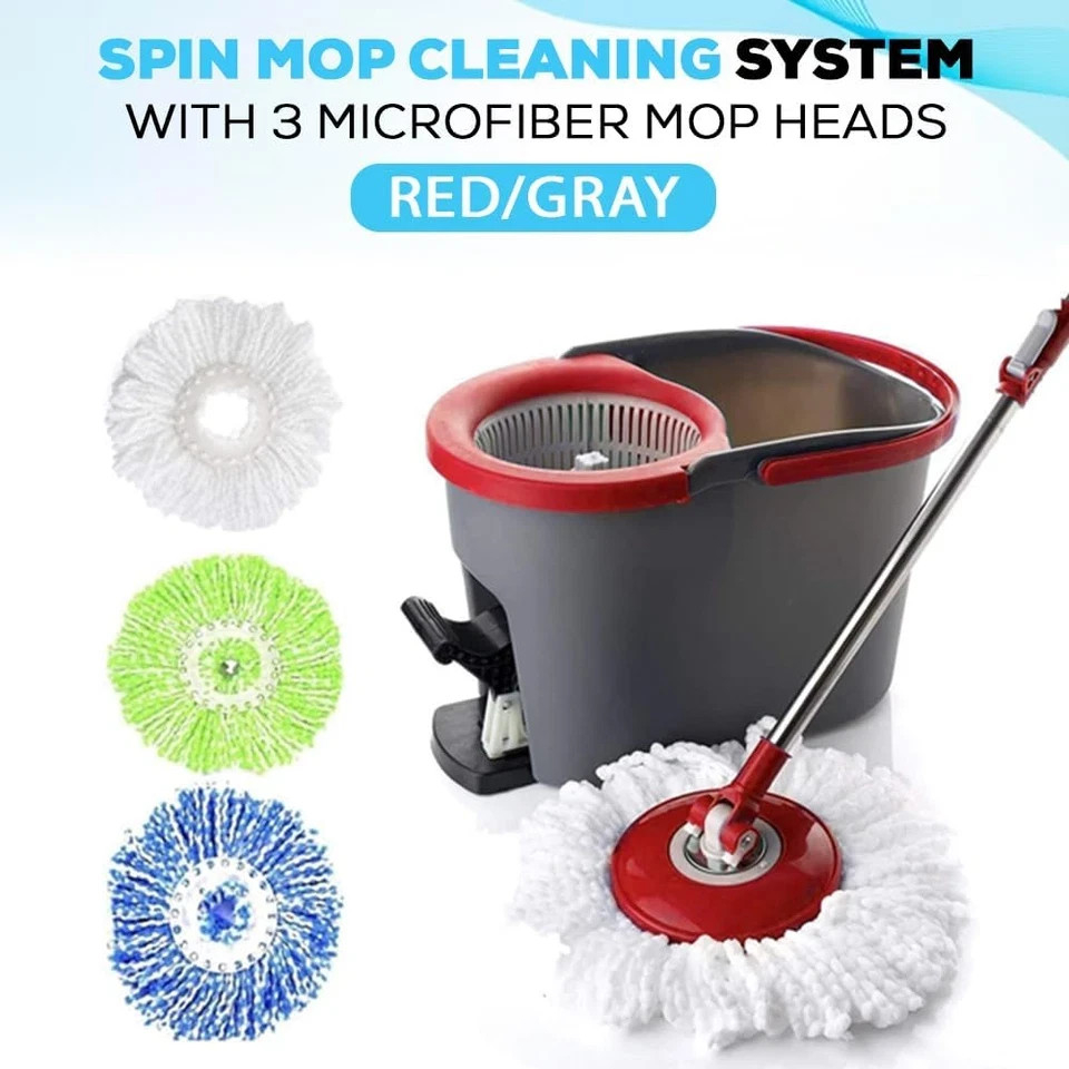SIMPLI-MAGIC 79349 Spin Mop Cleaning System with 3 Microfiber Mop Heads, Red/Gra