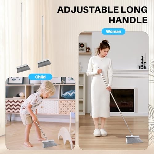 White Broom and Dustpan Set, Upright Angle Design with Built-in 1 White & Grey