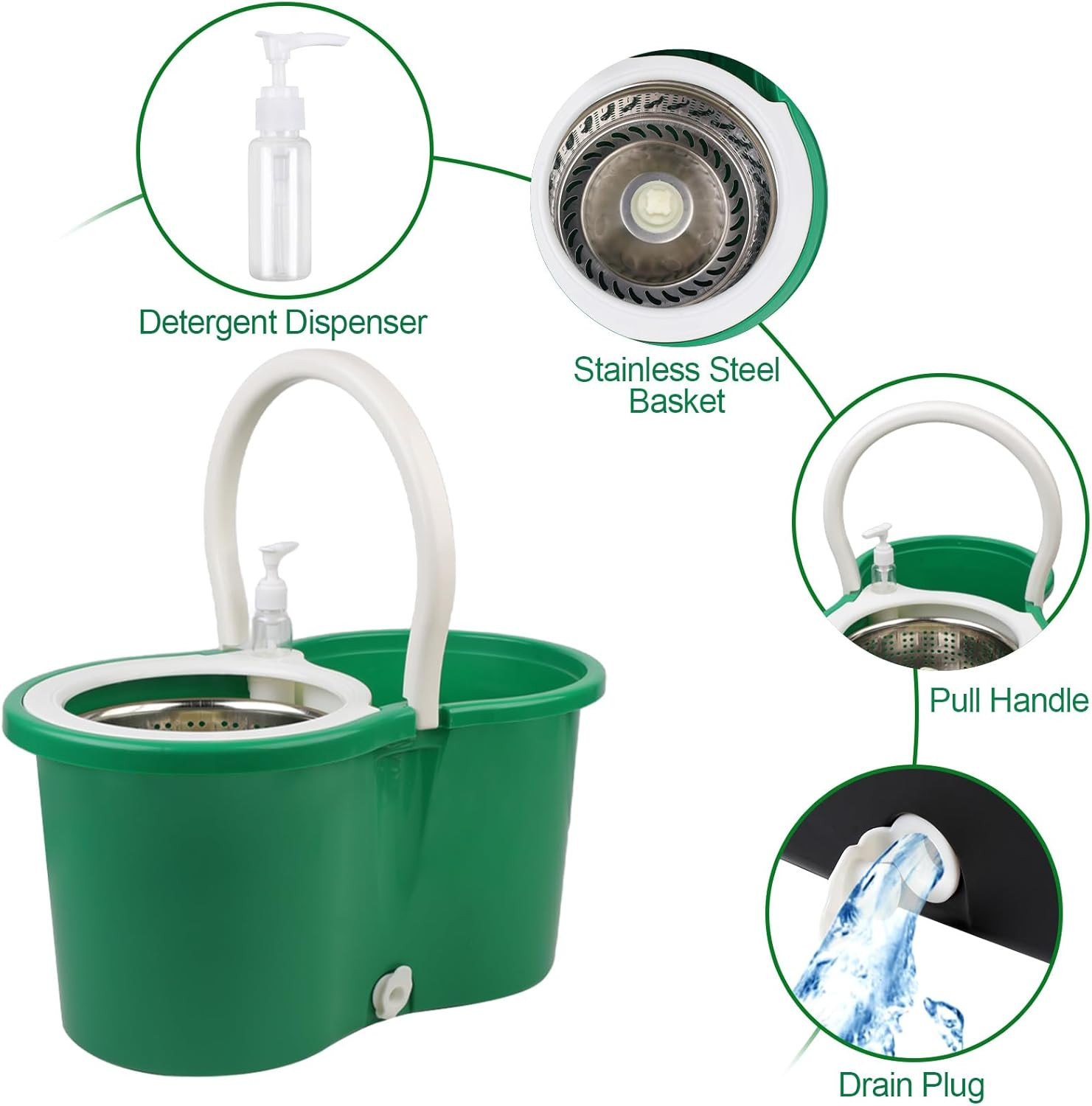 Spin Mop Bucket Set with 3 Refills 360° Rotating Head for Home Office Green