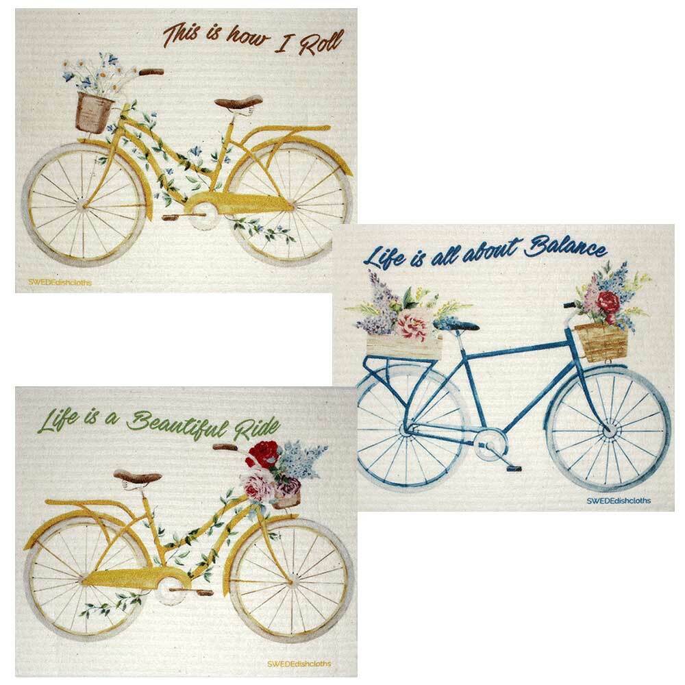 Swedish Dishcloths Bike Sayings Set of 3 (1 of each design) Eco Friendly Cloth