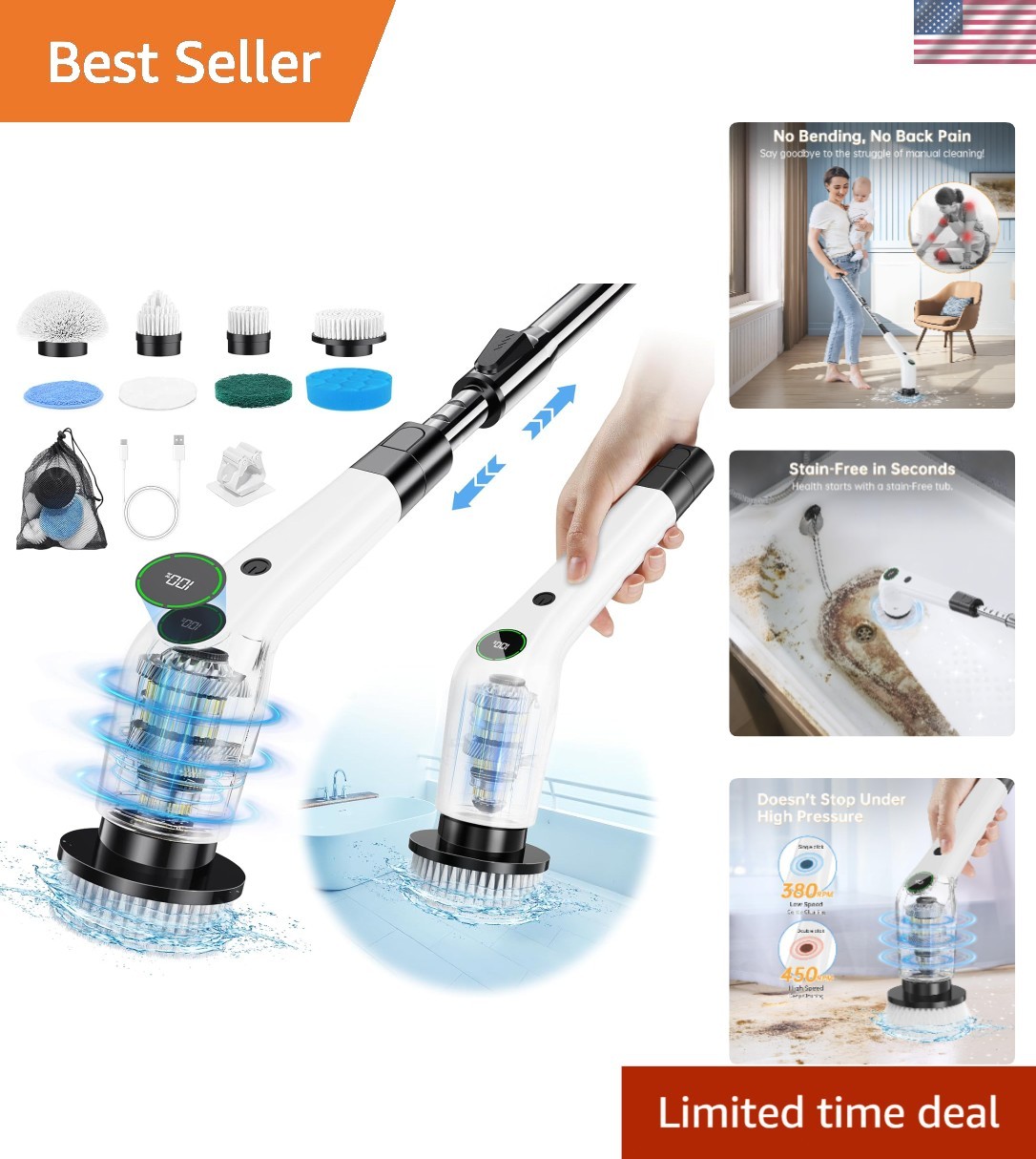 Electric Spin Scrubber Cordless Shower Scrubber with 8 Brush Heads 2 Speed Ad…