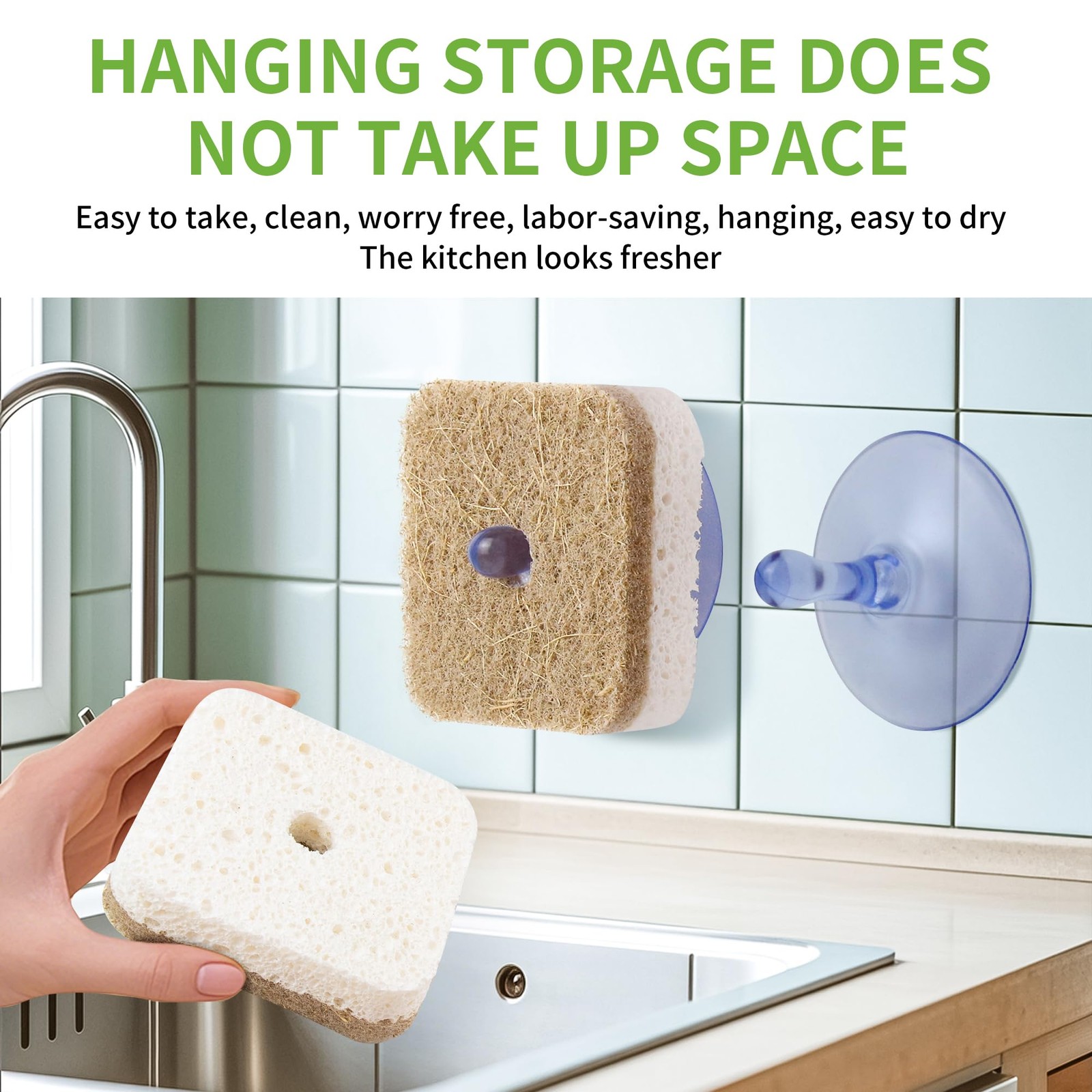 12Pack Natural Kitchen Scrub Dish Sponge with Suction Hanger Biodegradable Co…