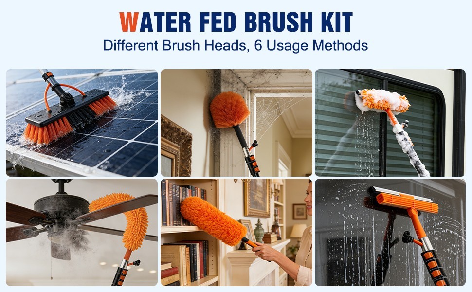 Water Fed Pole Window Cleaning System, Solar Panel Kit, 180° Brush & Soap Dispen