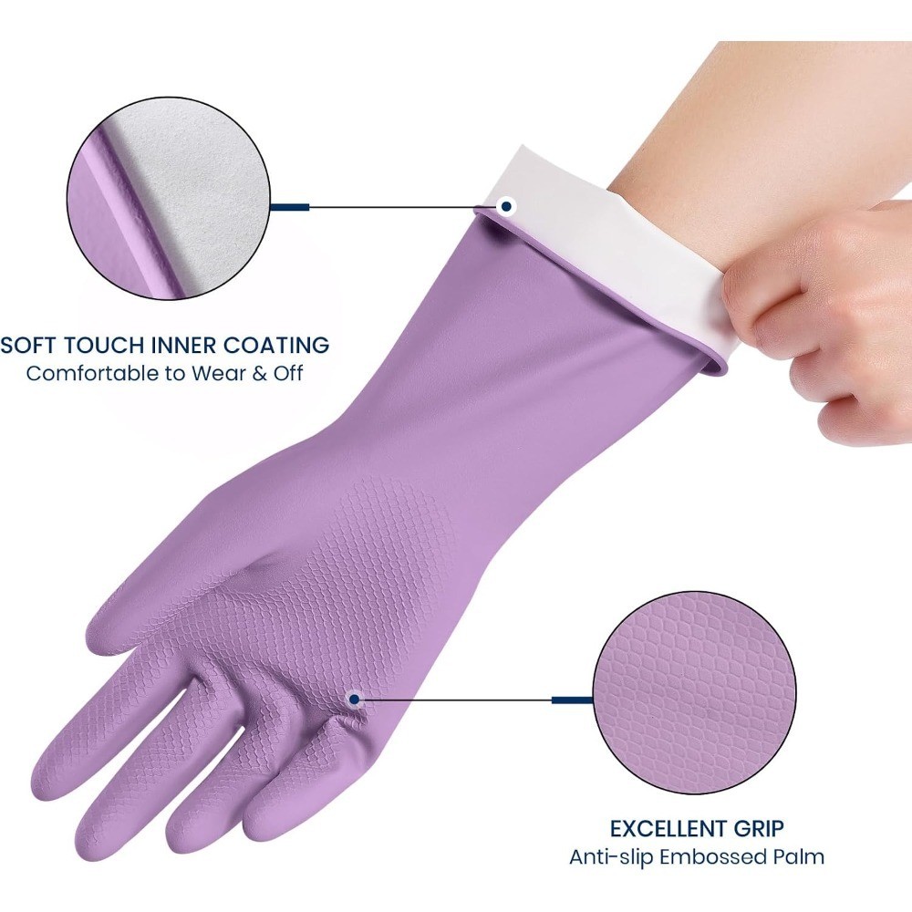 Rubber Cleaning Gloves for Dishwashing, 4 Pairs Reusable Kitchen Gloves for