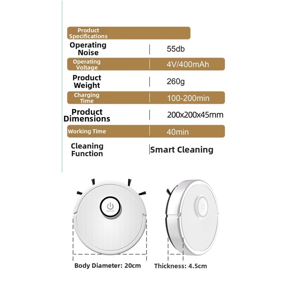 Robot Vacuum Cleaner 20x20x4.5cm 3 in 1 Function Sweep Mop Suction Low Noise