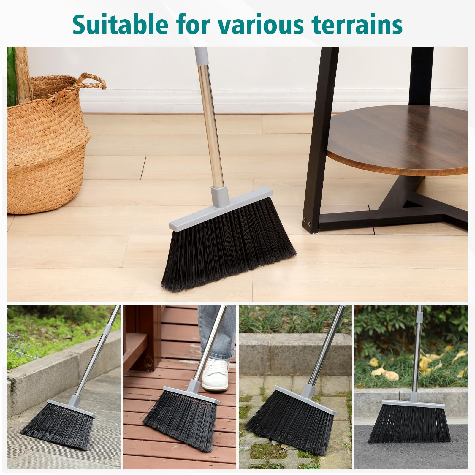 PBHEPJ Broom, 4 Pack Outdoor Broom for Floor Cleaning, 58″ Long Stainless Ste…