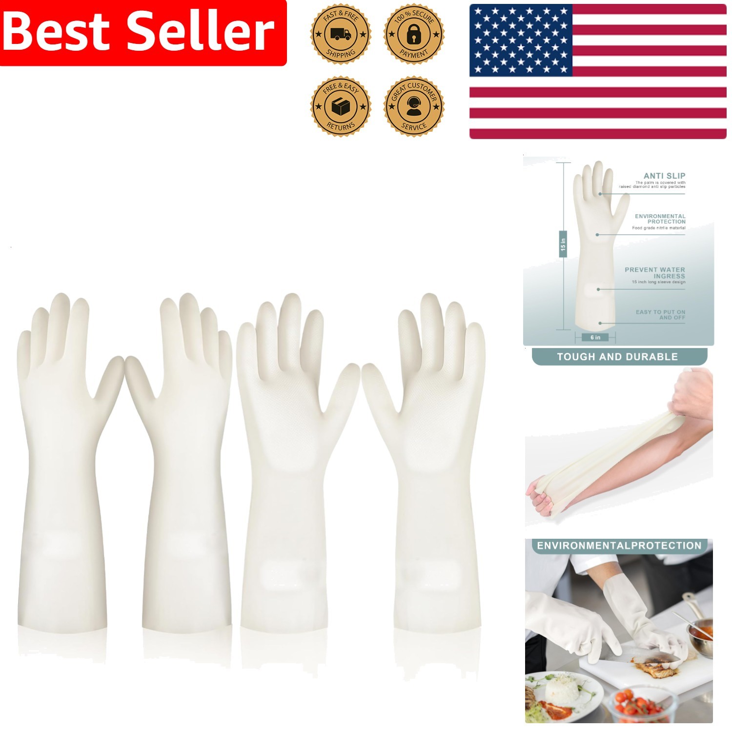 2 Pairs Nitrile Cleaning Gloves Medium Kitchen Dishwashing Reusable Durable W…