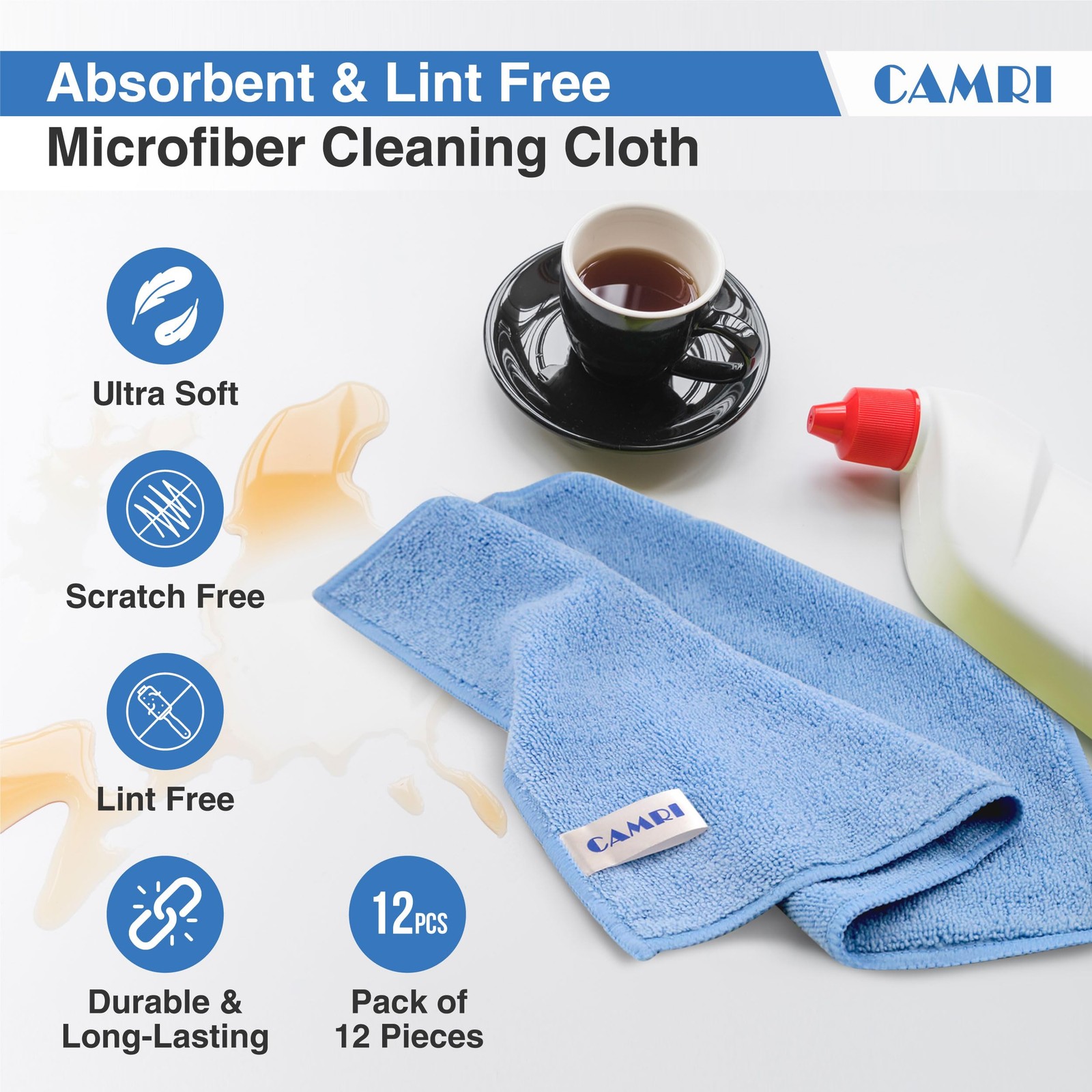Microfiber Towel Cleaning Cloth – Pack of 12, Size 12.6” x 12.6”, Blue, Lint …