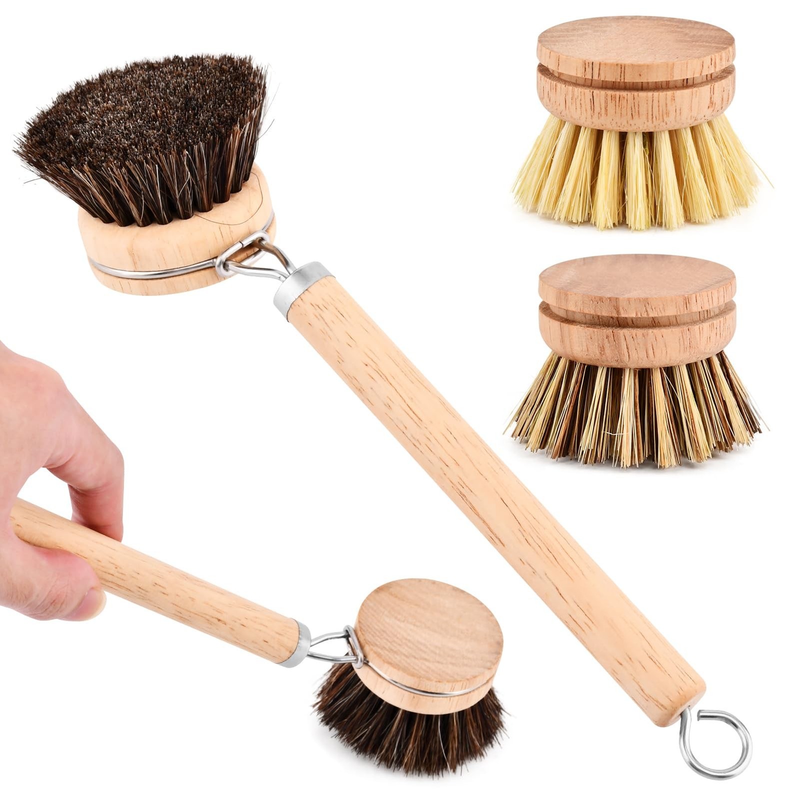 Bamboo Dish Brush with Handle, 3 Natural Bristle Heads (Horsehair, Sisal, Pal…
