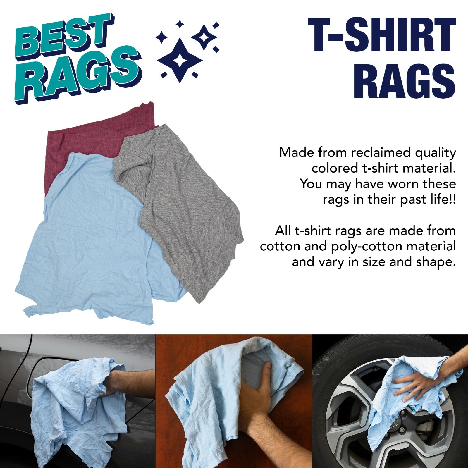 Recycled T-Shirt Rags for Cleaning, Package Size Options, Multi-Purpose, Colors