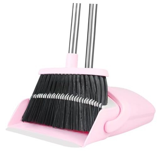 Pink Broom and Dustpan Set, 52-in Handle Broom Dustpan Combo Set Pink&grey