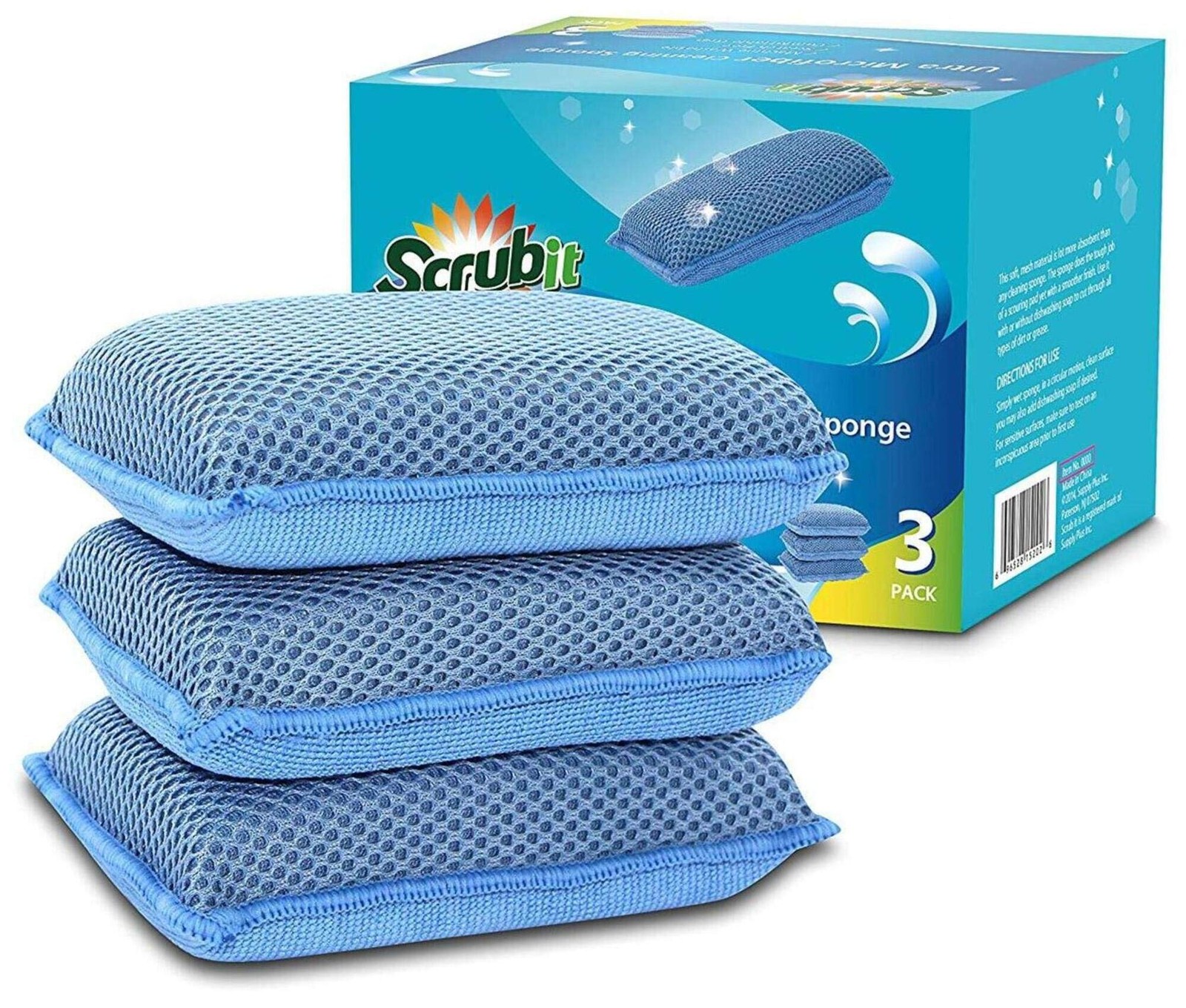 Miracle Microfiber Kitchen Sponge by Scrub-It – 3 Count (Pack of 1), Blue