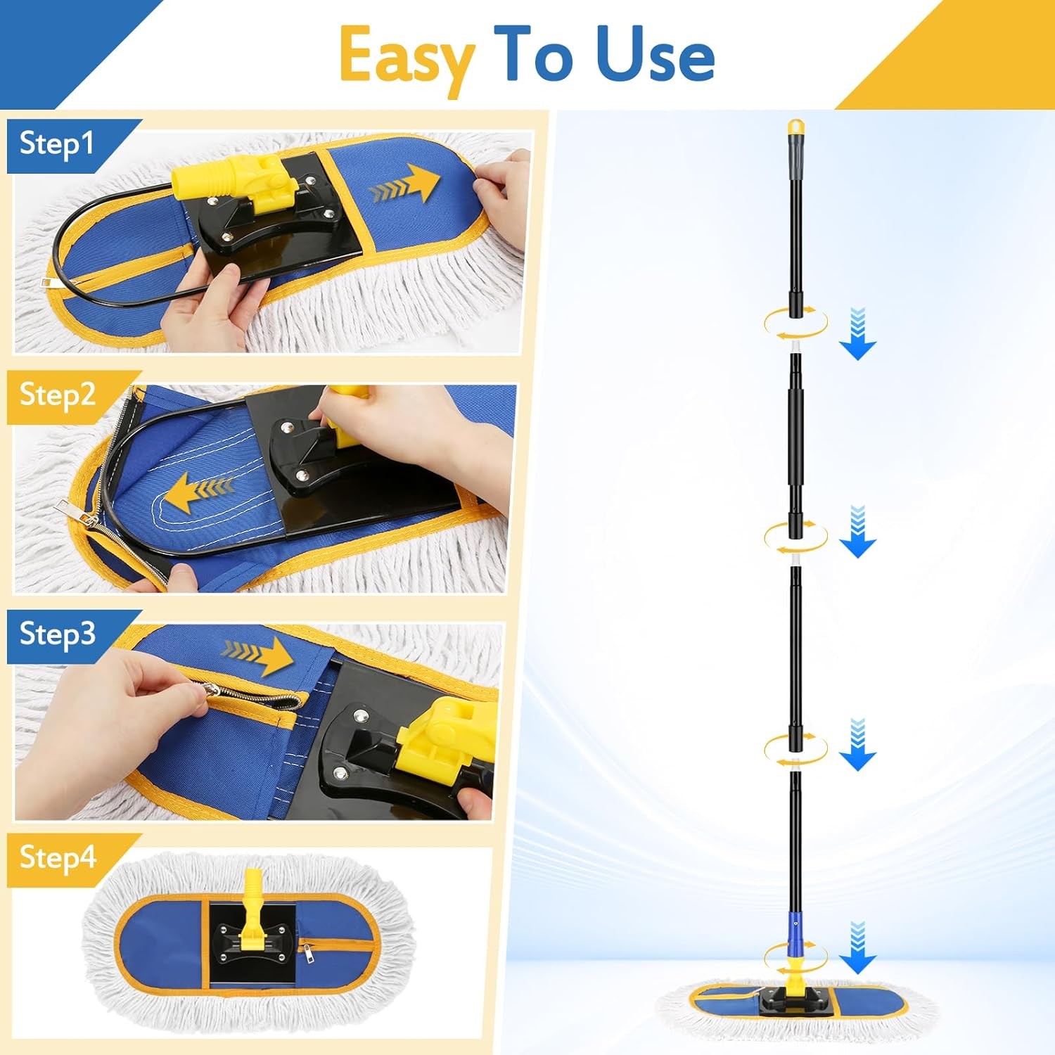 16in Commercial Dust Mop Floor Cleaner Wet Dry 2 Washable Pads Blue