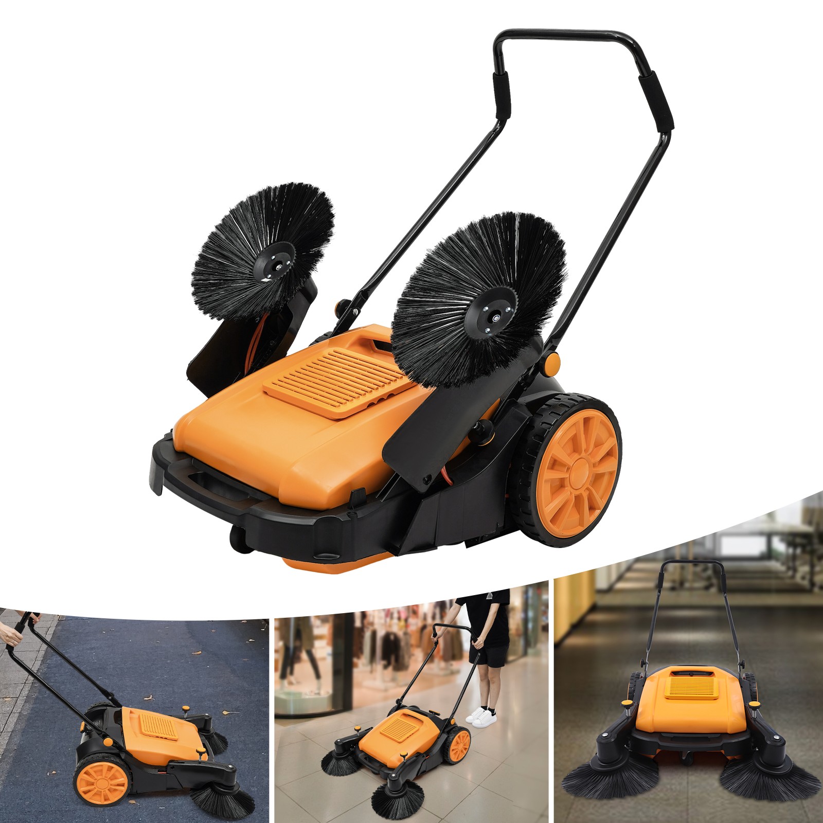 Walk-Behind Pavement Street Sweeping Tool Cleaner Floor 55L 41″Hand Push Sweeper