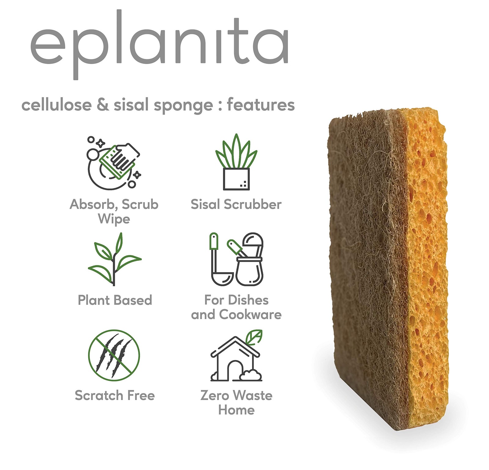 eplanita Natural Plant Based Scrub Sponges 3 Pack, NonScratch, Biodegradable …