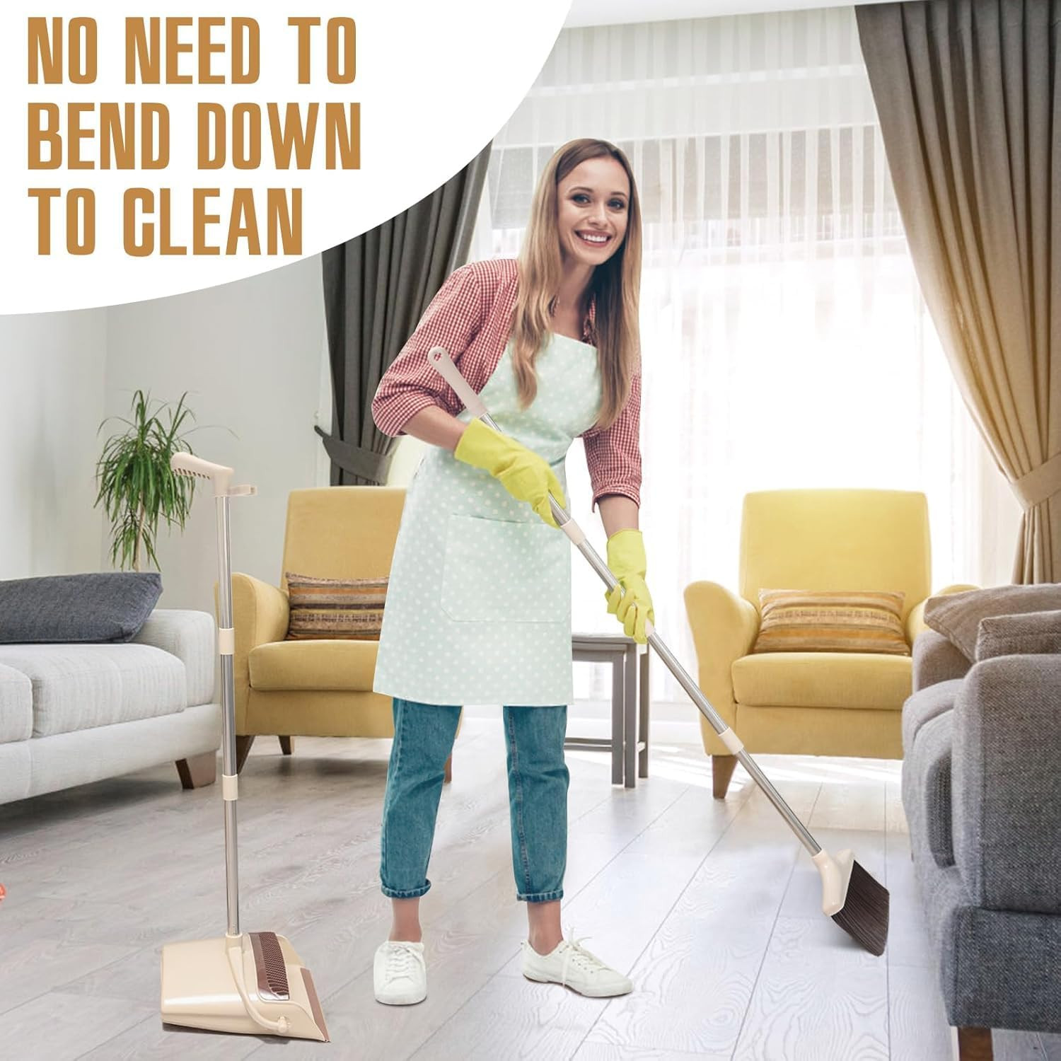 Broom and Dustpan Set with Long Handle, Light Weight Stainless Steel Poles Stand
