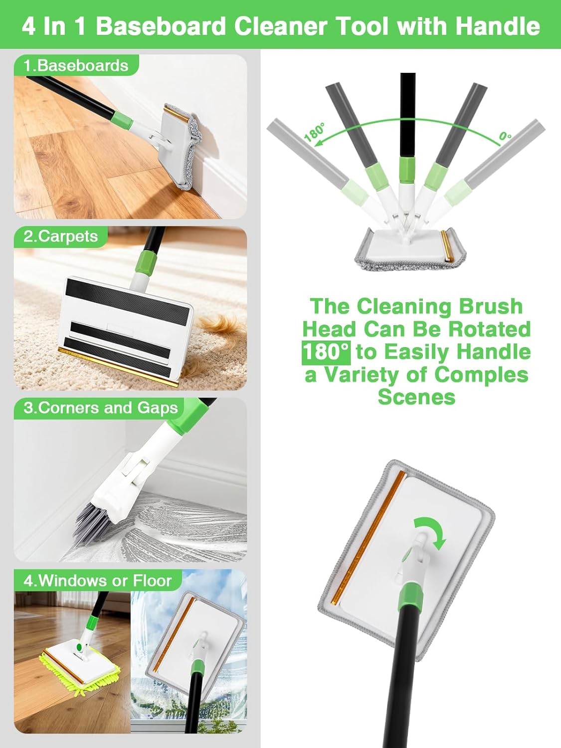 4in1 Baseboard Cleaning Tool with Handle 5 Reusable Pads 1 Stiff Bristle Brush C