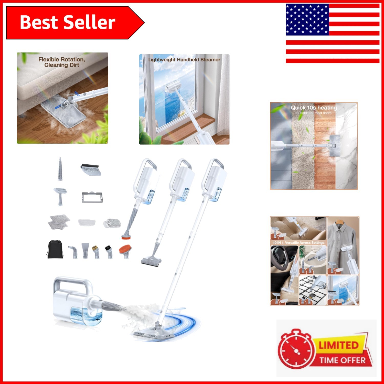 Effortless 10-in-1 Steam Mop with Detachable Handheld Cleaner for All Surfaces