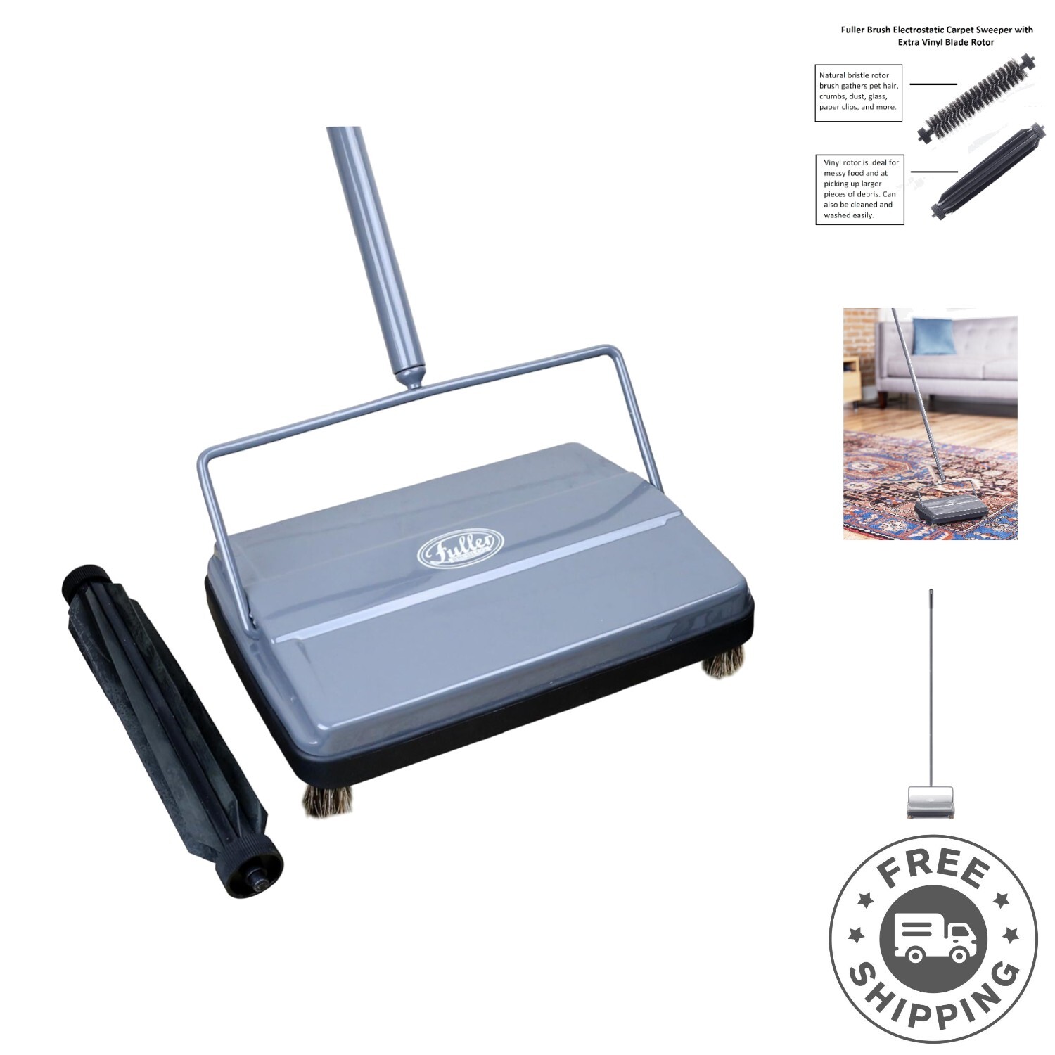 Durable 9″ Electrostatic Carpet Sweeper with Extra Rotor – Lightweight Design