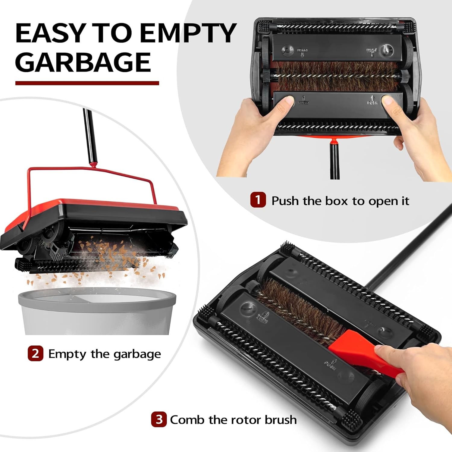 Carpet Floor Sweeper with Horsehair Brush Adjustable Handle Red Non-Electric