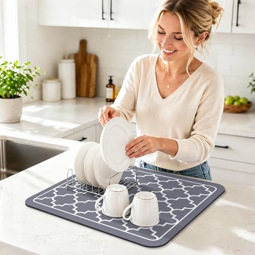 Dish Drying Mat Super Absorbent Drying Mat Large Dish 18″ x 15″ Stylish Grey