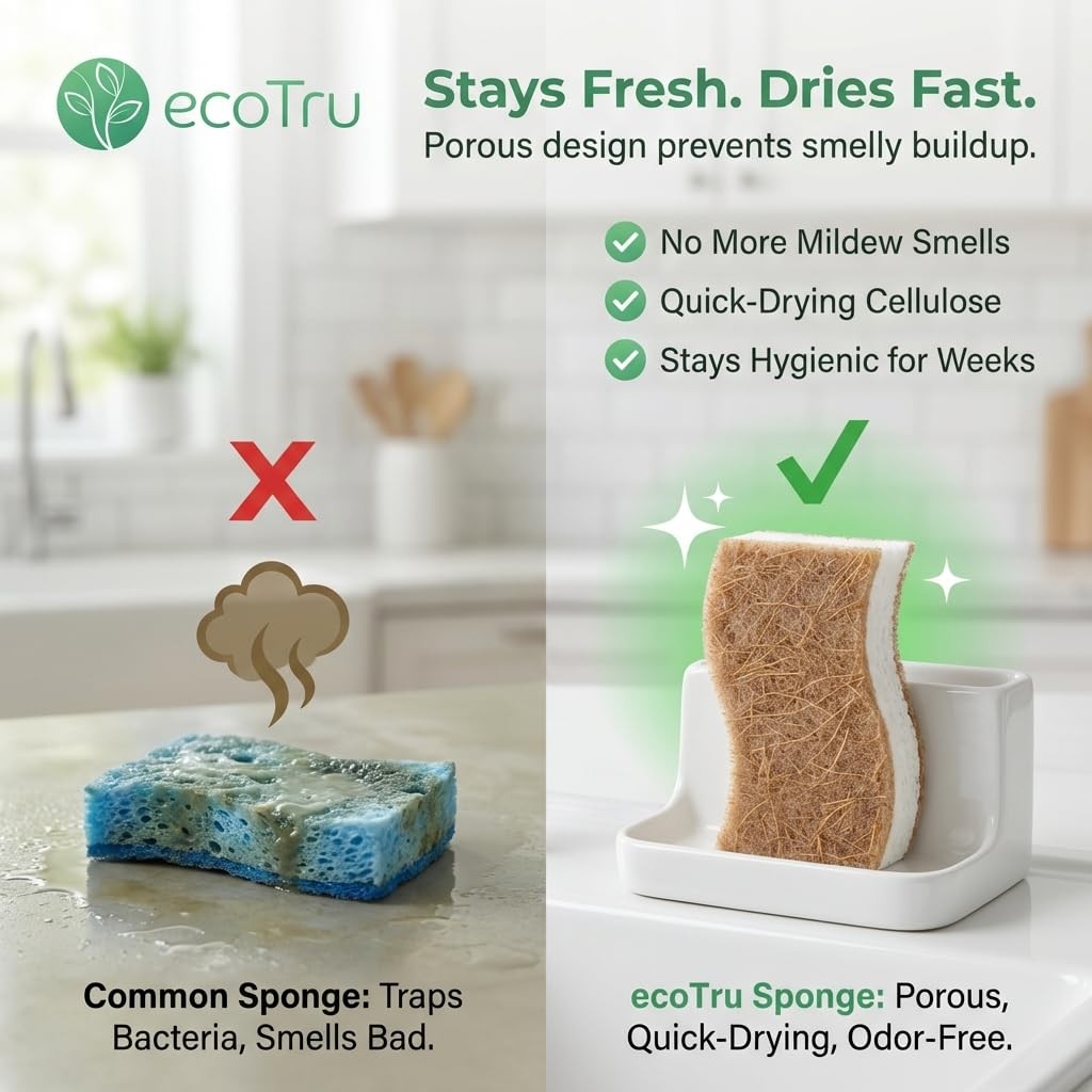 6 Pack Natural Kitchen Sponges, Compostable White Cellulose & Organic Coconut…