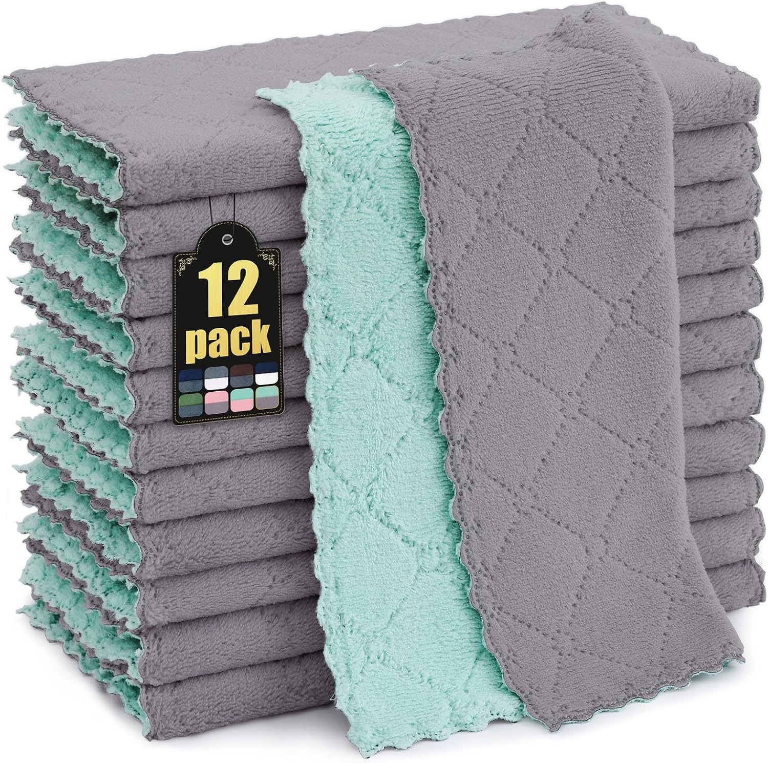 12 Pack Soft and Absorbent Kitchen Cloths, Grey & Green | Super Soft and