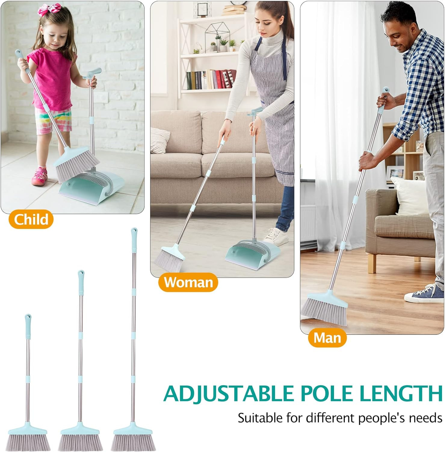 Broom and Dustpan Set for Home, Cleaning Teeth Combo Set with 55″ Long Handle, I