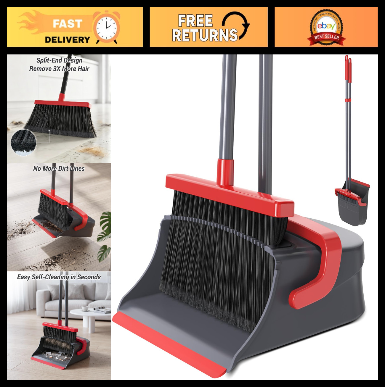 Long Handle Broom & Dustpan Set, Self-Cleaning, Pet Hair & Dust Removal, Indoor/