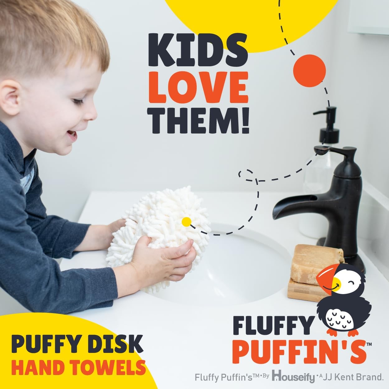 JJ KENT Fluffy Puffins Microfiber Hand 7 inches x 7 inches, Grey and White