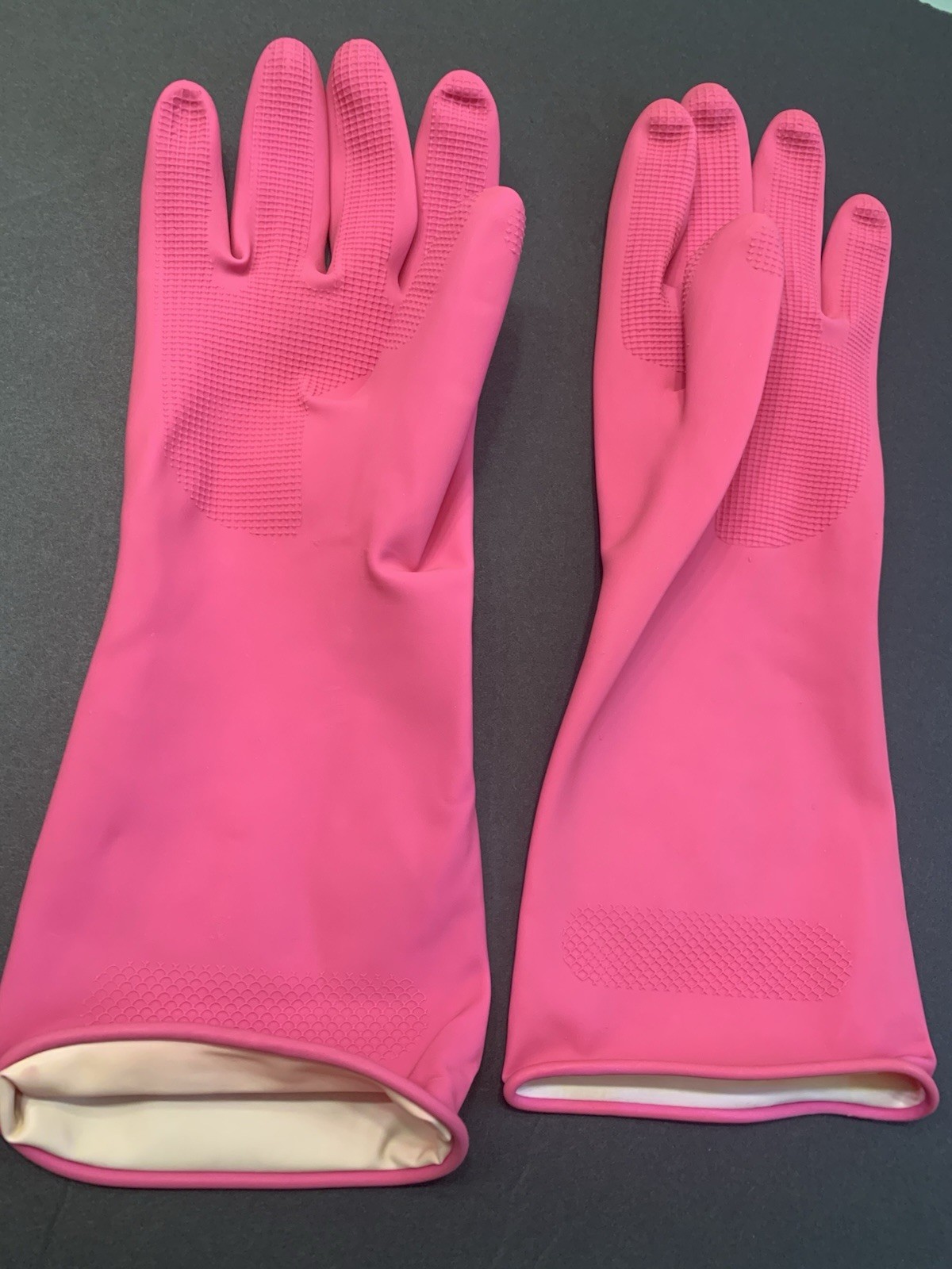 Heavy duty 1 pair diswashing glove pink color w/textured grip flower design Sm