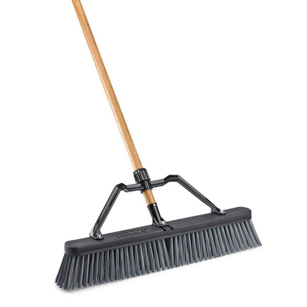 Libman Push Broom 24in Rough Surface Industrial Stiff Bristle Wood Handle 60in