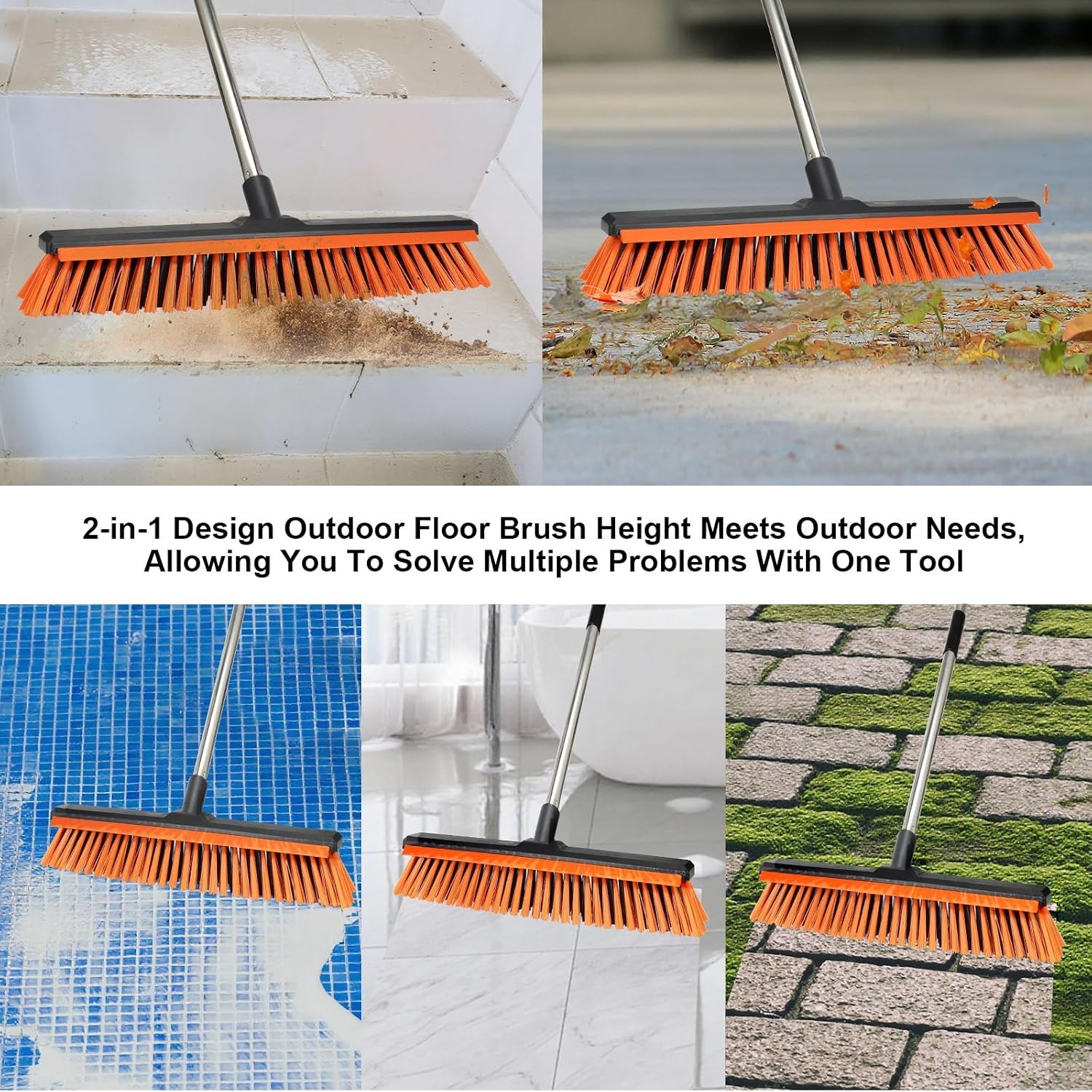 18″ Push Broom Outdoor with Rubber Squeegee,Heavy Duty Broom Brush with