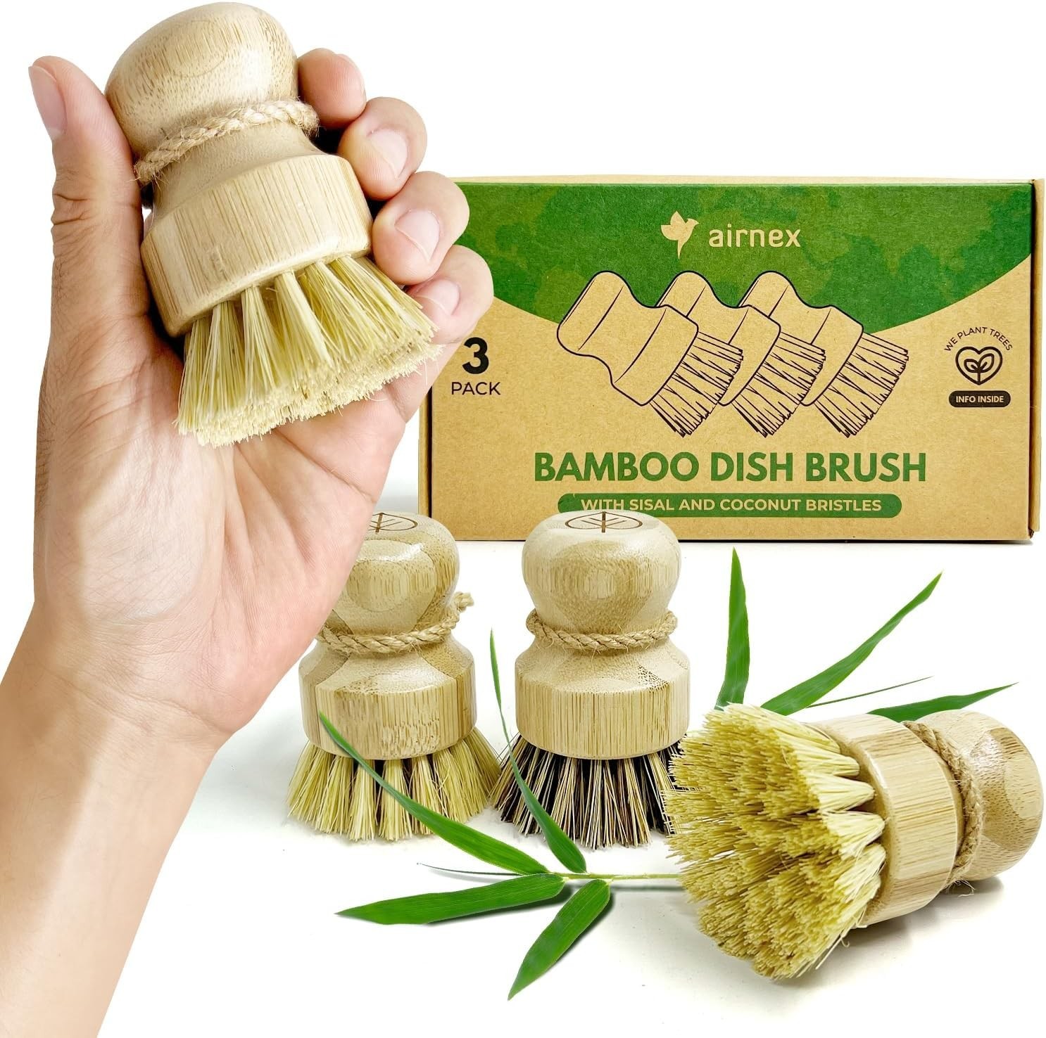 Bamboo Dish Brush Set of 3 – Natural Wooden Dish Scrubber w/Medium Stiff Sisal