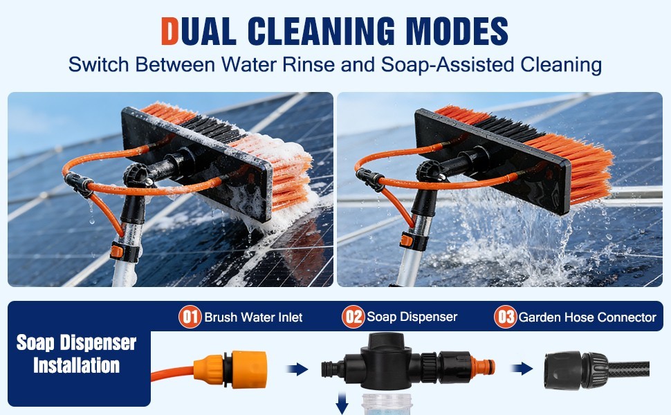 Water Fed Pole Window Cleaning System, Solar Panel Kit, 180° Brush & Soap Dispen