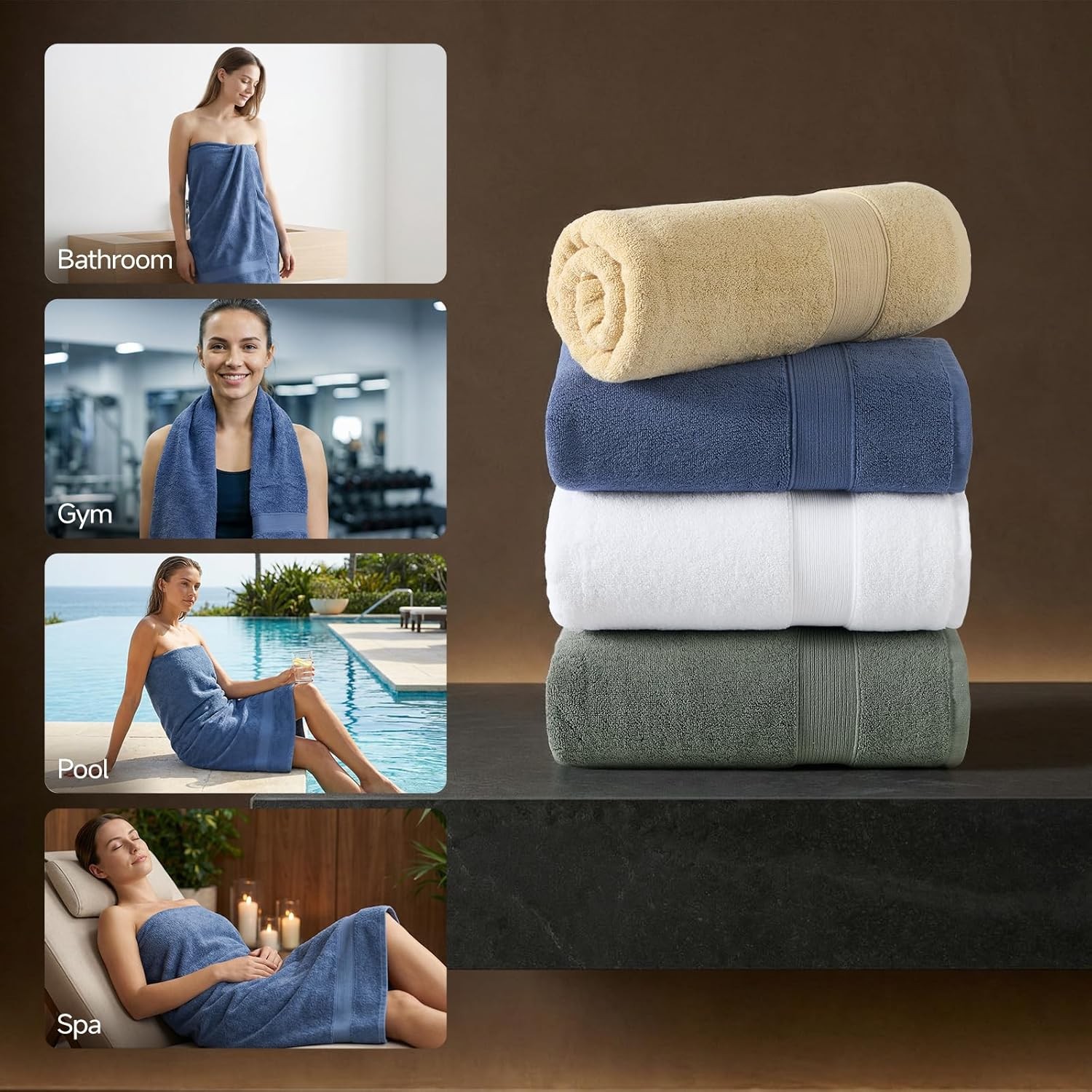 4 Pack Bath Towels – 27×55 Inch, 100% Cotton, Extra Large,Super Absorbent, Quick