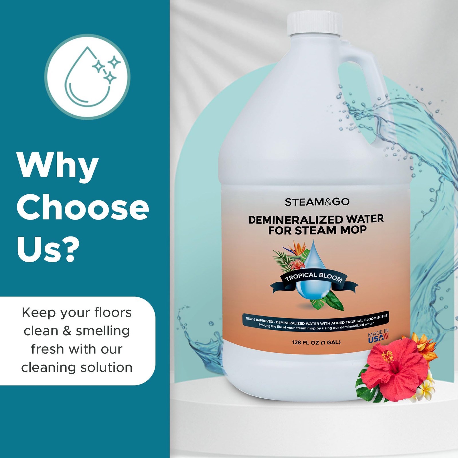 Steam & Go Demineralized Water for Steam Mop – Tropical Bloom Scent, 128 Fl O…