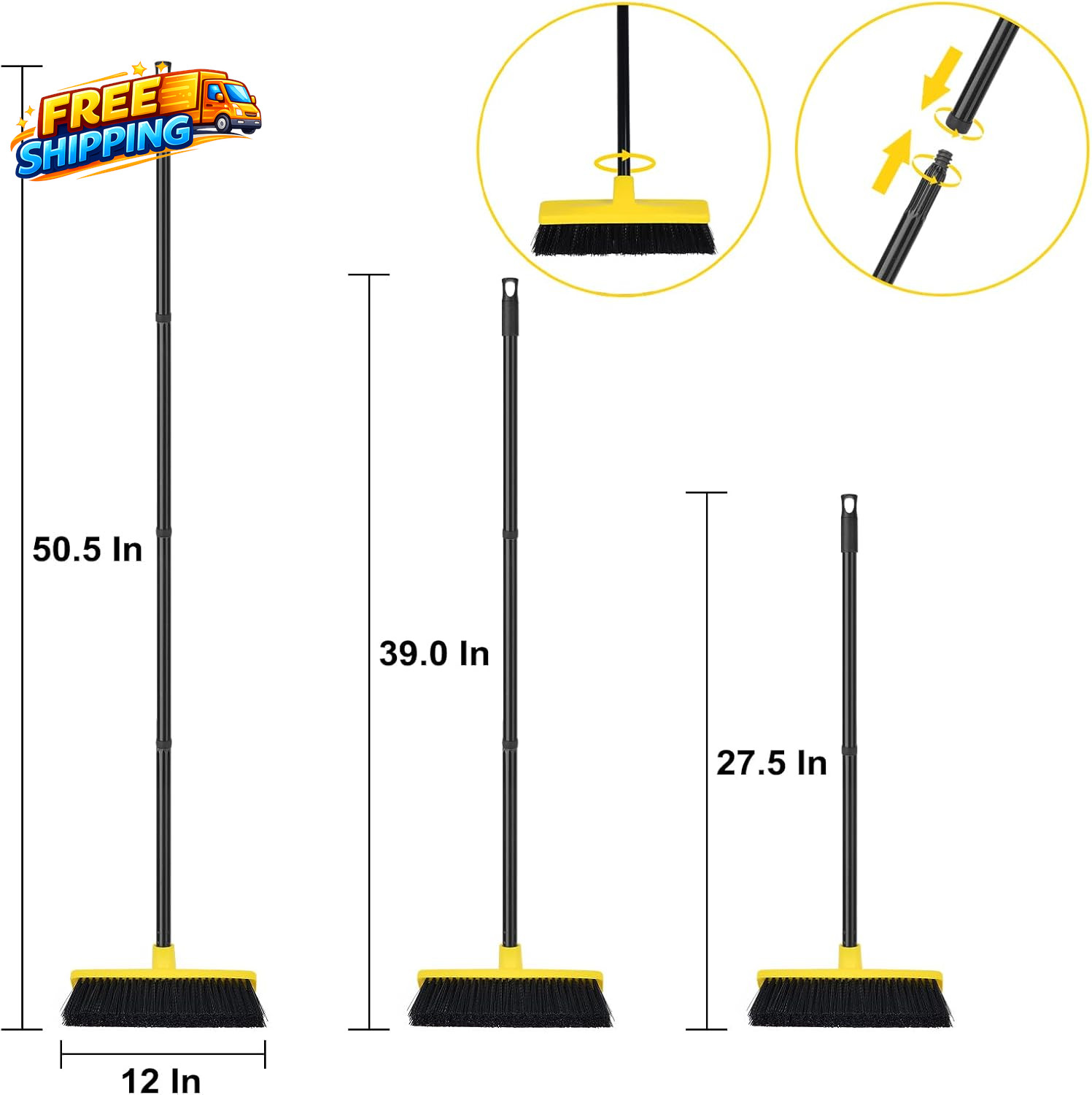 Push Broom Outdoor Indoor Broom 12 Wide 50 Long Handle with Stiff Bristles