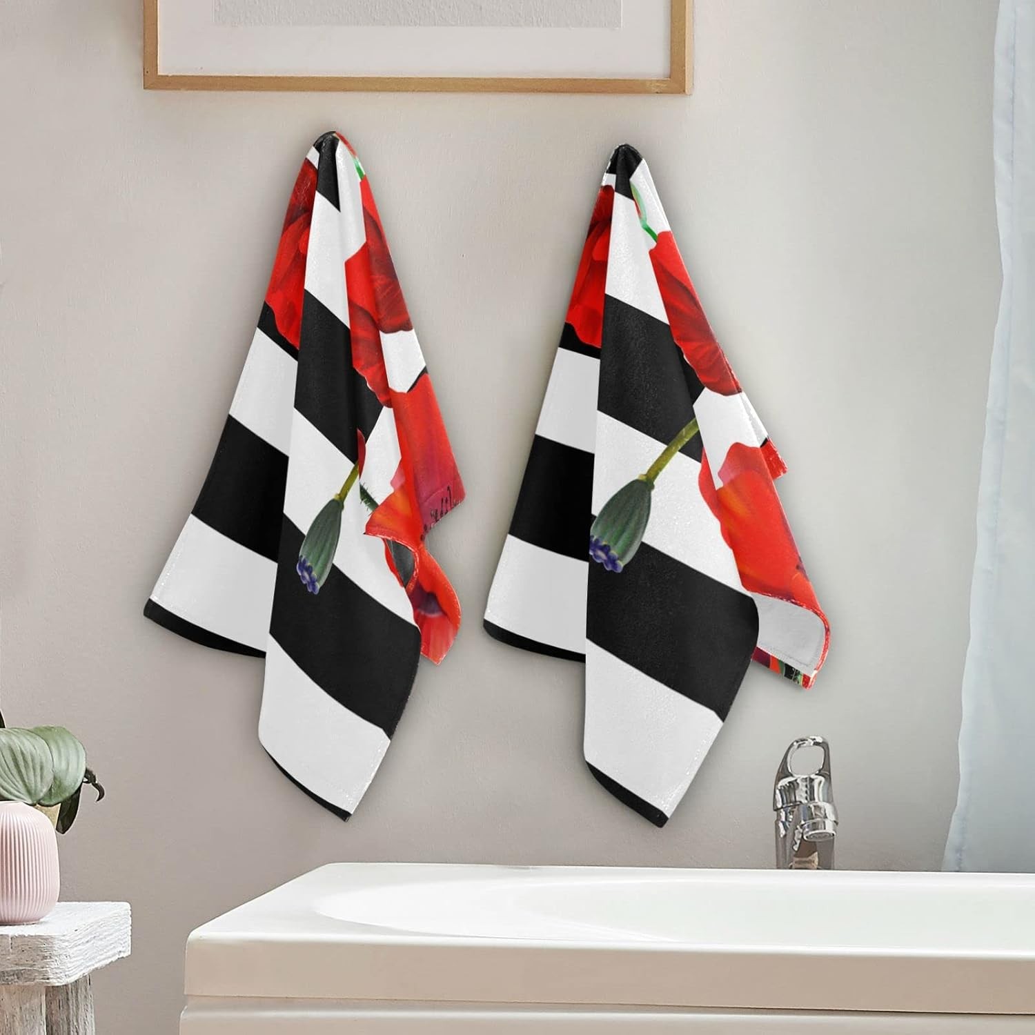 Red Poppy Hand Towels for Bathroom Set of 2 Black and White Striped Nature
