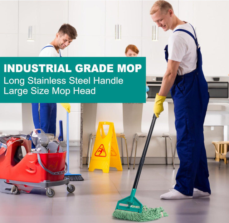 Mopa industrial 152 cm con cabezal de algodón y repuesto, ideal para suelos húme