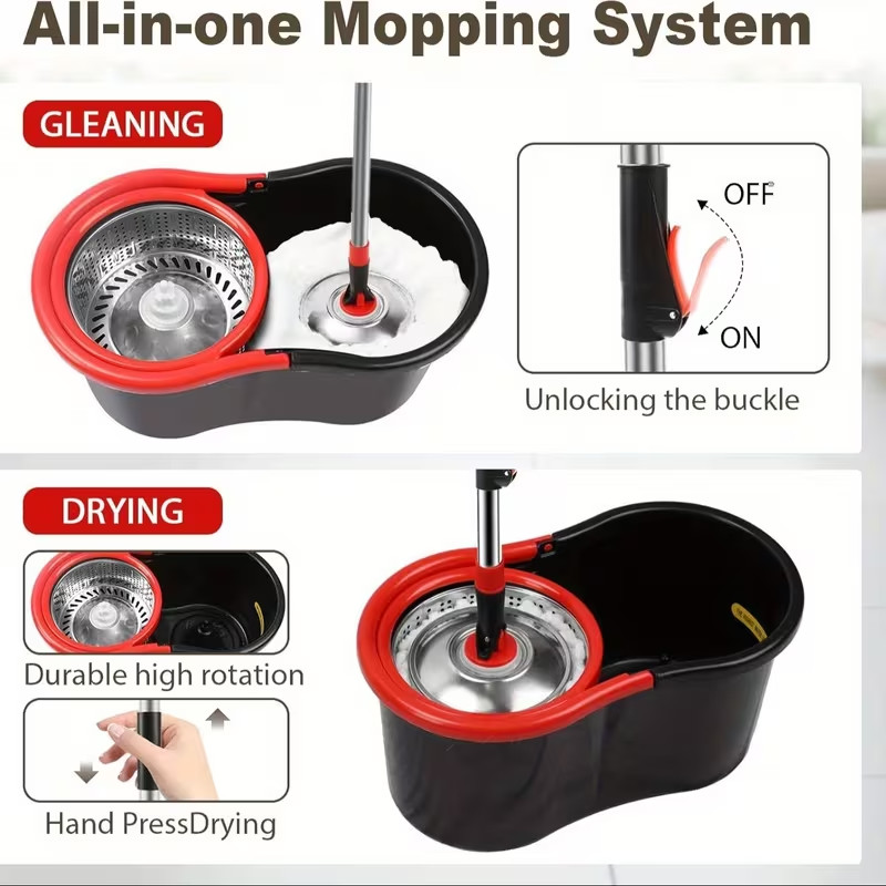 Spin Mop and Bucket with Wringer Set, 360° Spinning Mop System 3 Mop Refill