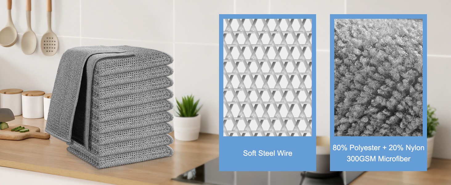 10pcs New Upgrade 2-Layer Microfiber Wire Dishcloth,Grey | Non-Scratch Wire